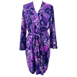 Linea Donatella Womens Paisley Knit Robe Purple Wrap Sleepwear Size S/M